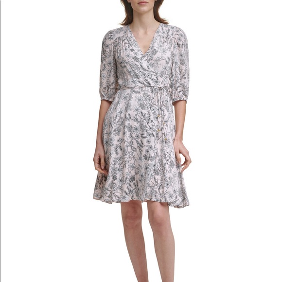 CALVIN KLEIN Petite Printed Faux-Wrap Dress Color Blossom Multi Size 6P - Picture 2 of 5